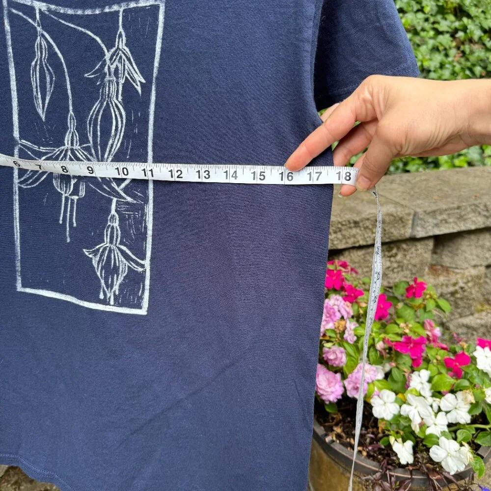 Hand Block Printed Botanical Fuschia T-Shirt – Gildan Blue Cotton Tee (Small) - Picture 4 of 6